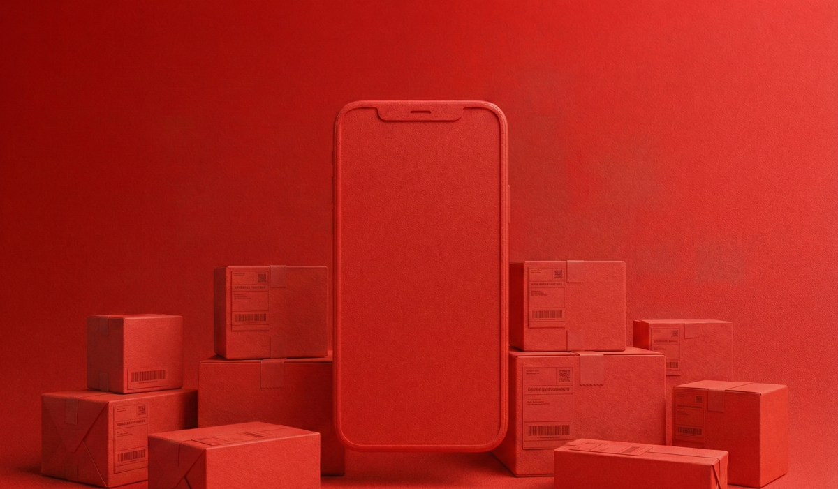 Móvil rodeado de paquetes