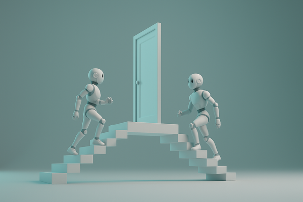 Dos robots suben por escaleras para llegar a una puerta en la cima.